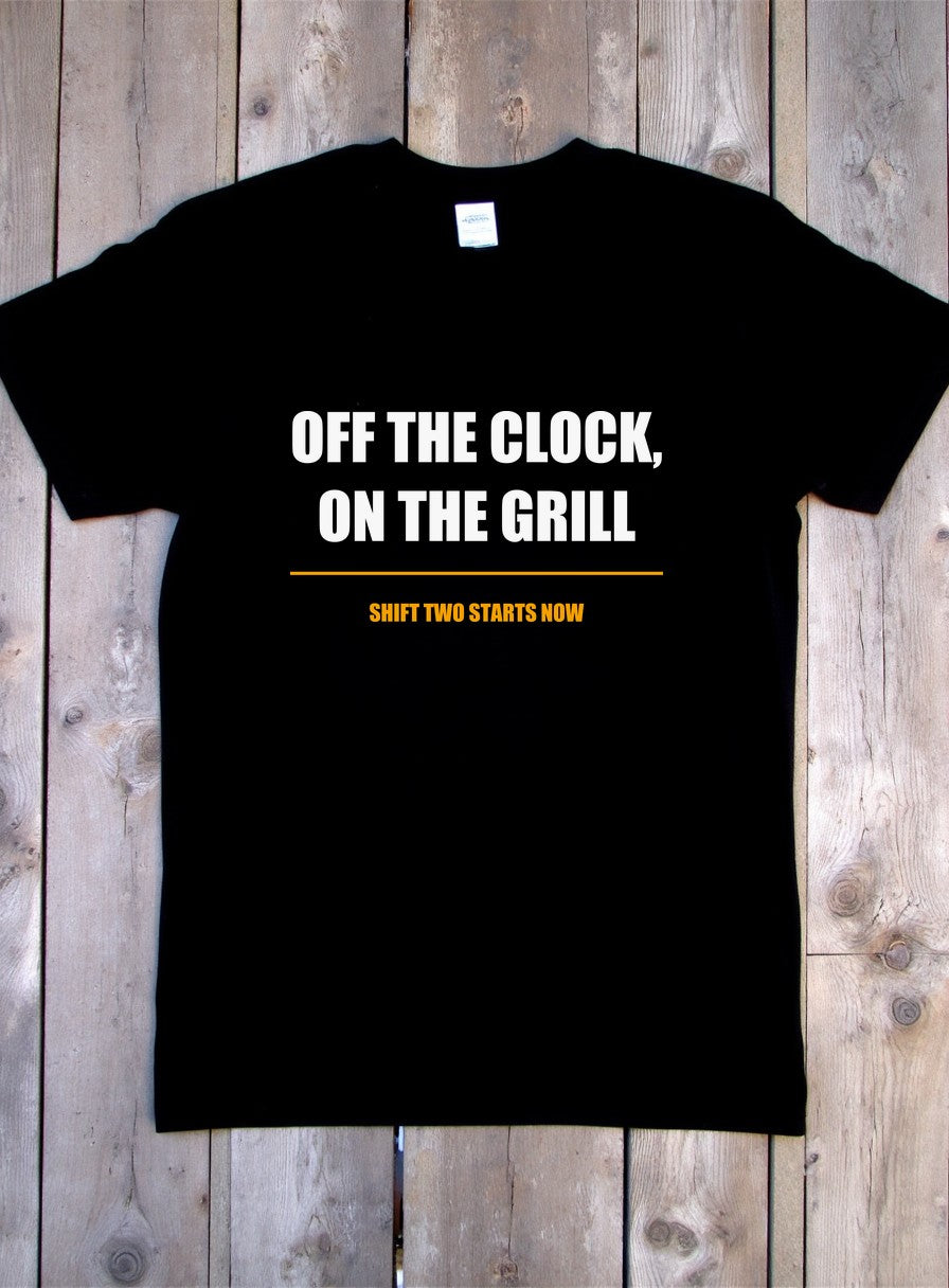 Off the Clock On the Grill Shirt — flat lay photo