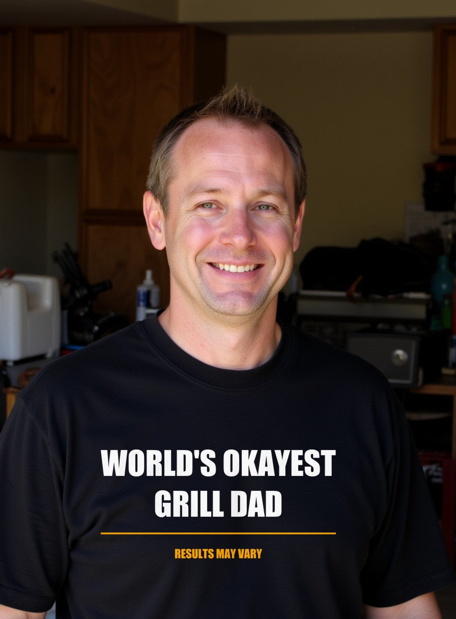 World's Okayest Grill Dad Shirt — worn lifestyle photo