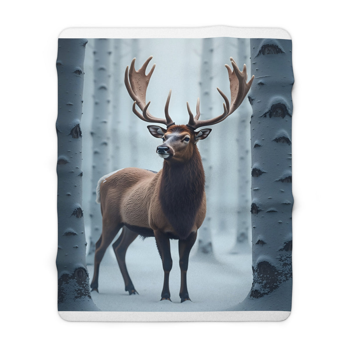 Winter Stag Sherpa Throw Blanket - Majestic Deer Among Snowy Birch Trees