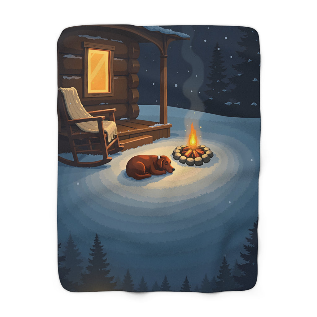 Sleeping Dog by the Campfire Sherpa Throw Blanket - Cozy Cabin Porch at Night, Dog Lover Gift, Winter Cabin Decor
