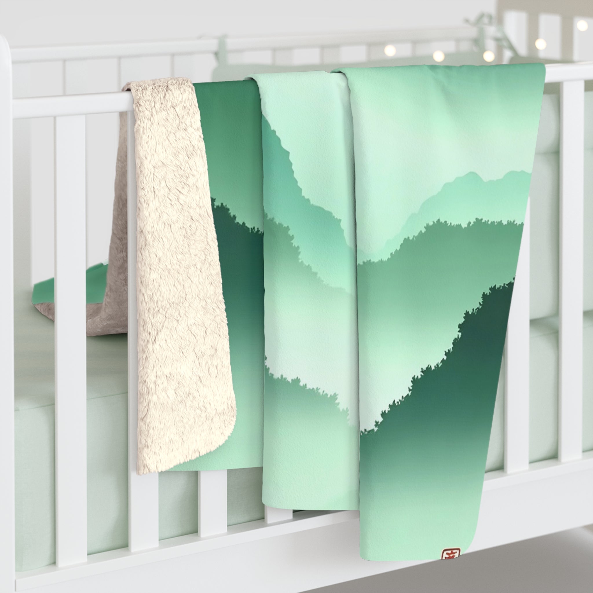Misty Mountain Pagoda Sherpa Throw Blanket - Green Ink-Style Landscape, Zen Asian-Inspired Decor Gift