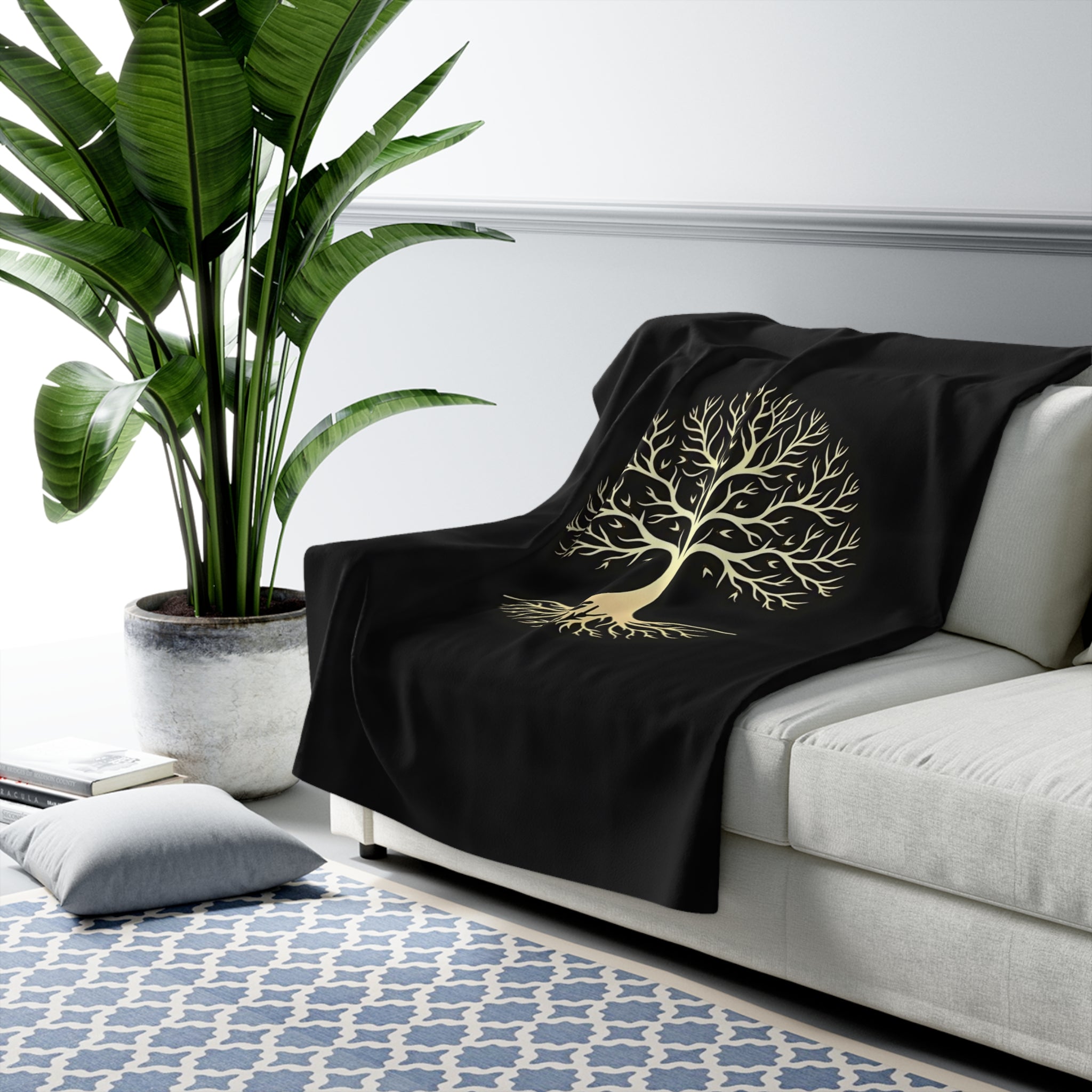 Gold Tree of Life Line Art Sherpa Throw Blanket - Minimalist Boho Decor, Cozy Fleece Gift