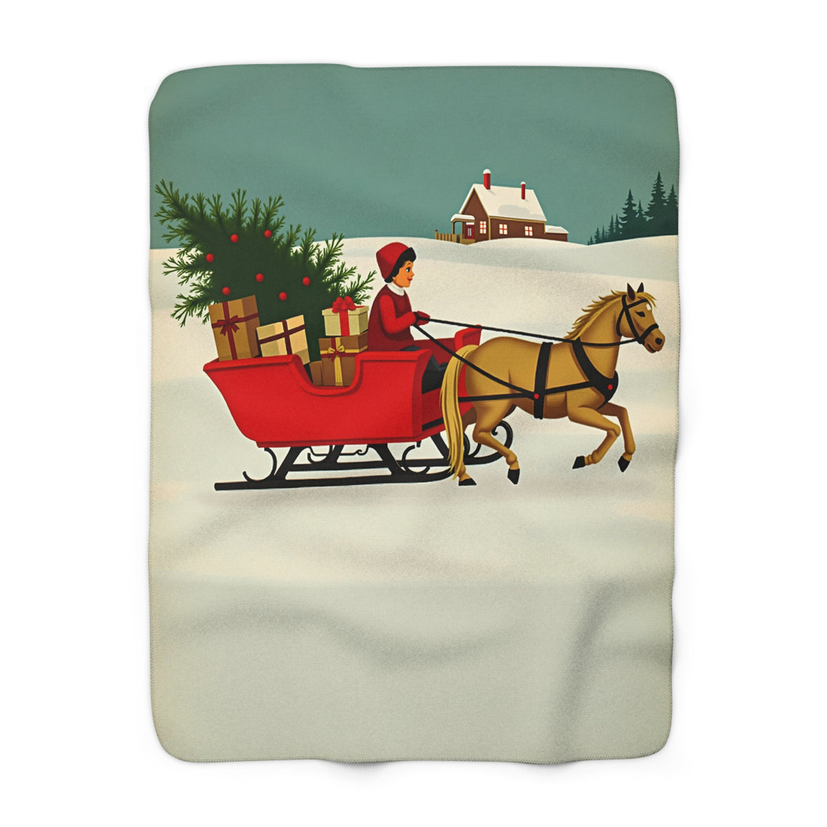 Vintage Christmas Sleigh Sherpa Throw Blanket - Retro Red Sleigh in the Snow