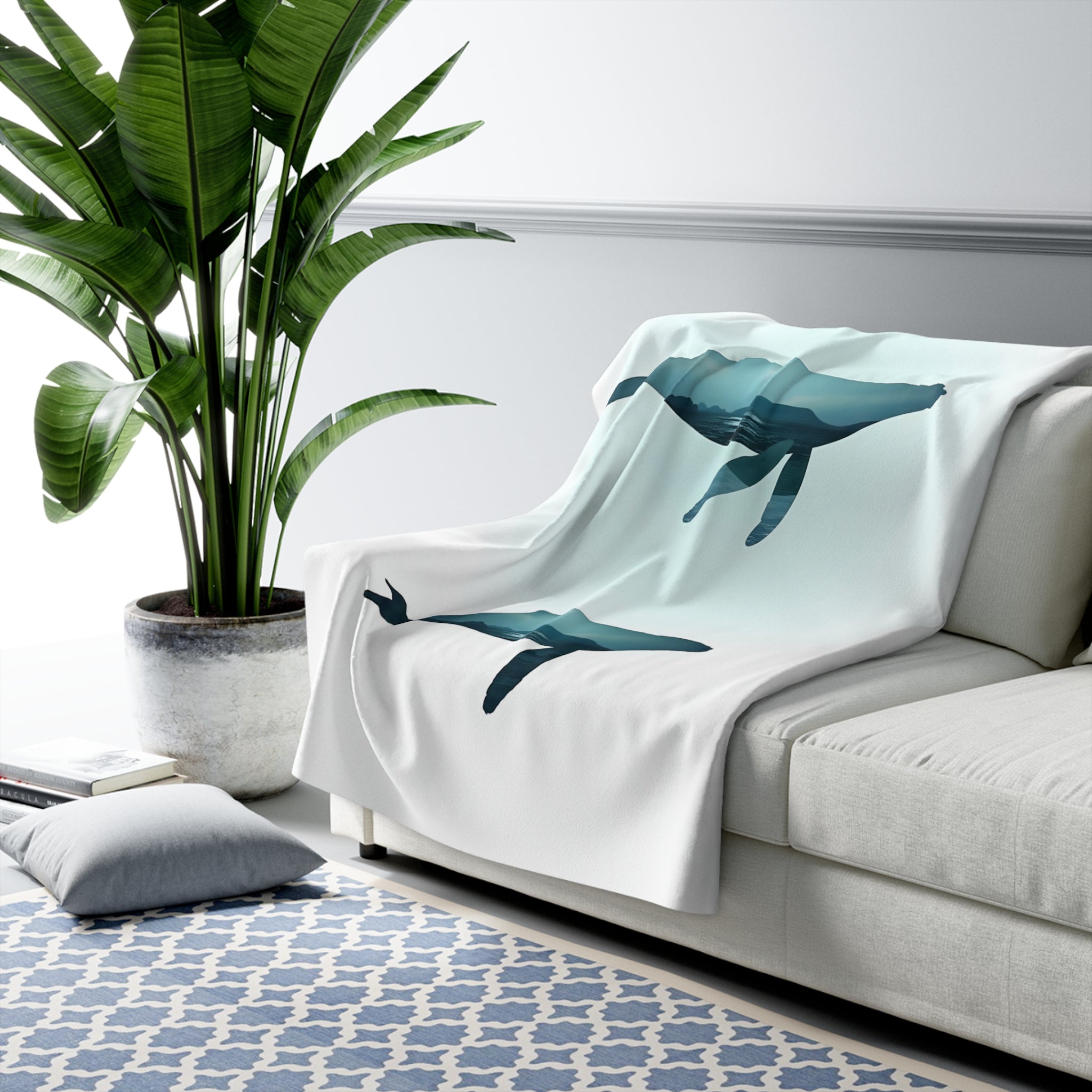 Whale Double Exposure Sherpa Throw Blanket - Nature Wildlife Art, Cozy Fleece Cabin Decor Gift