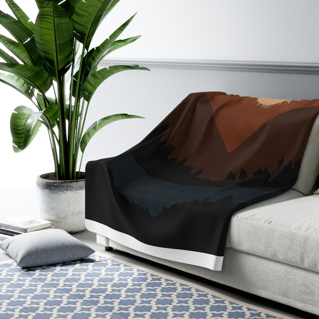 Pine Ridge Lodge Sherpa Throw Blanket - Layered Forest Silhouettes with Rising Moon