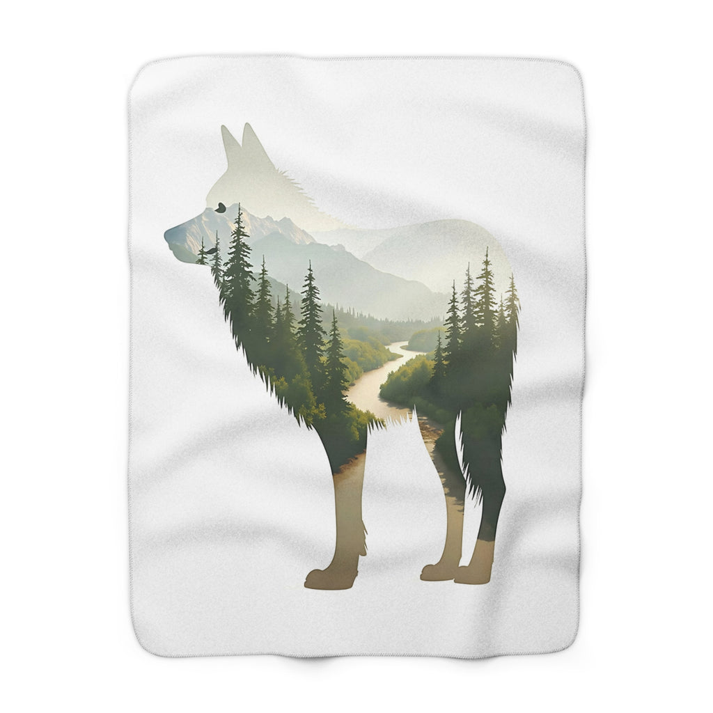 Forest Wolf Sherpa Throw Blanket - Double Exposure Wolf with Misty Pine Mountains & River, Nature Lover Cabin Decor Gift