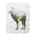 Forest Wolf Sherpa Throw Blanket - Double Exposure Wolf with Misty Pine Mountains & River, Nature Lover Cabin Decor Gift
