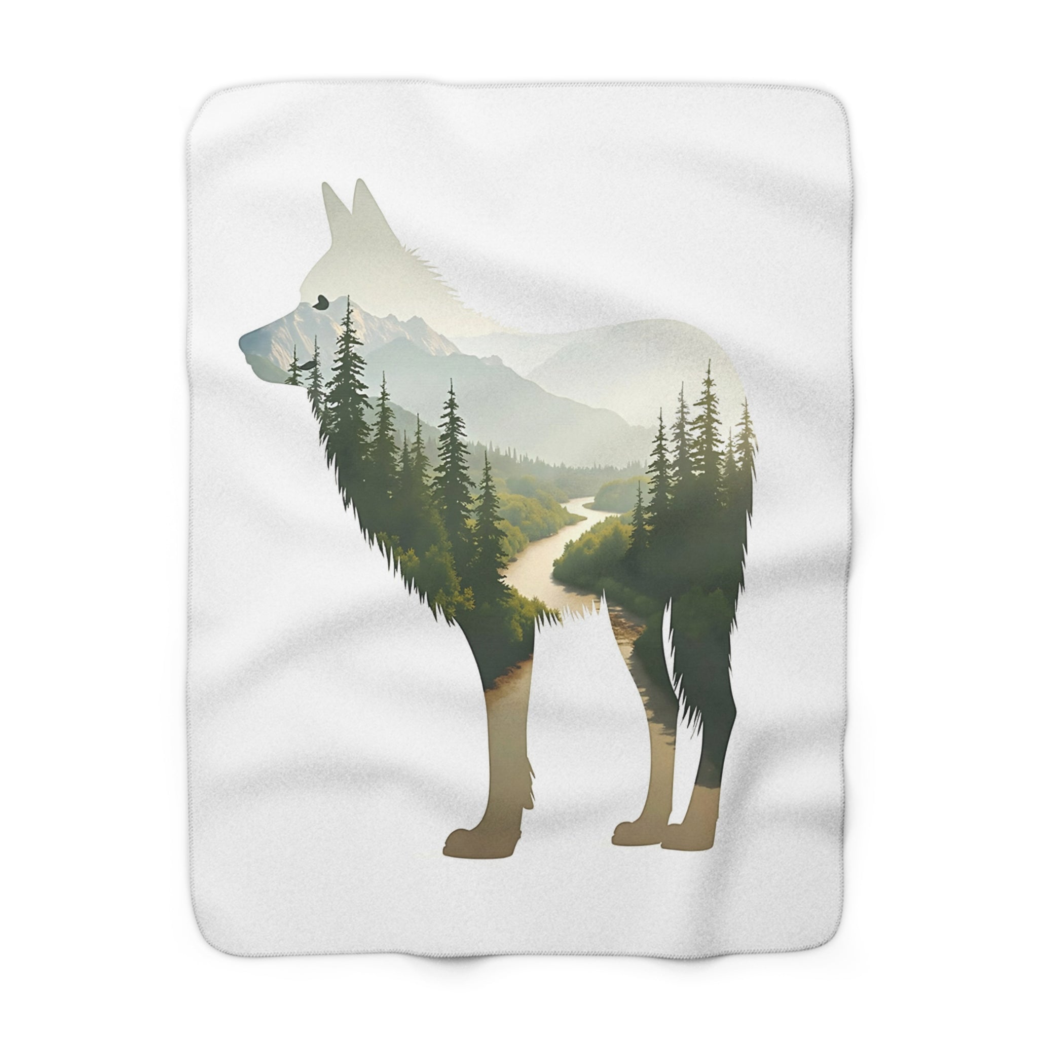Forest Wolf Sherpa Throw Blanket - Double Exposure Wolf with Misty Pine Mountains & River, Nature Lover Cabin Decor Gift