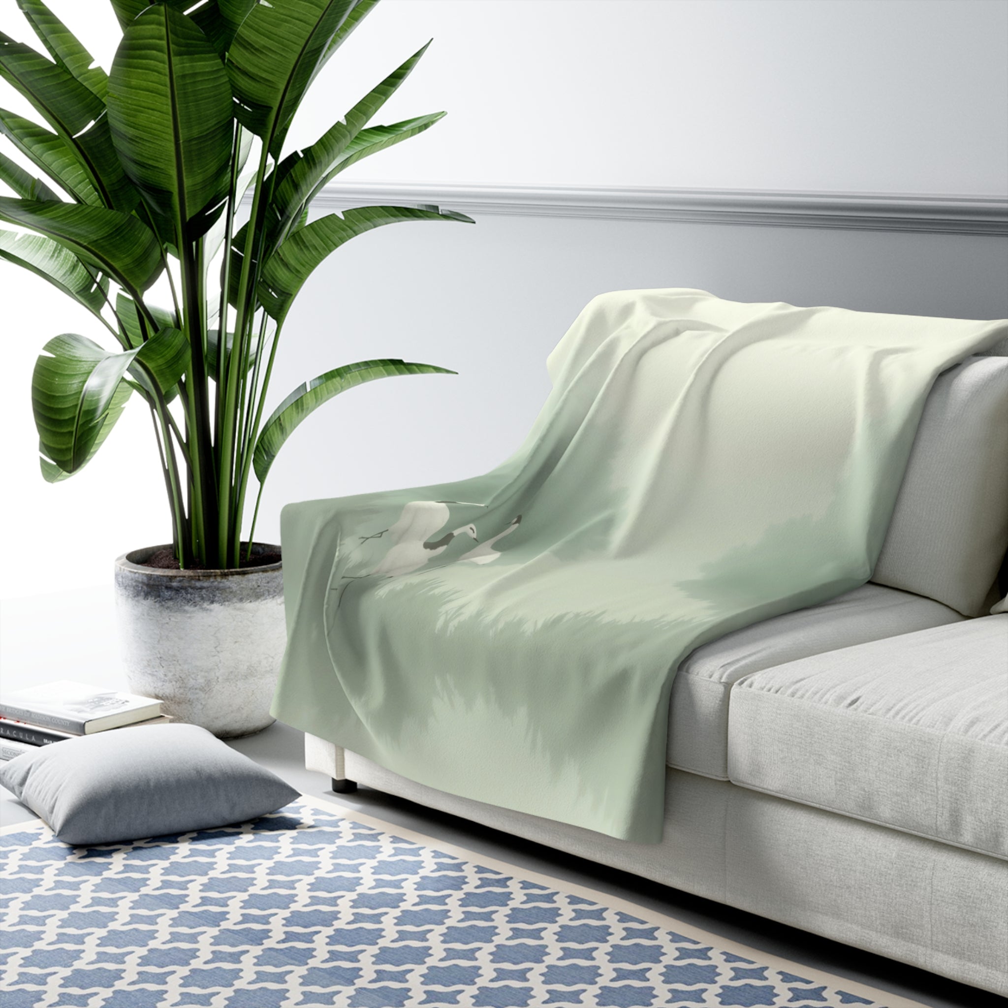 Crane Misty Landscape Sherpa Throw Blanket - Zen Asian-Inspired Decor, Cozy Fleece Gift