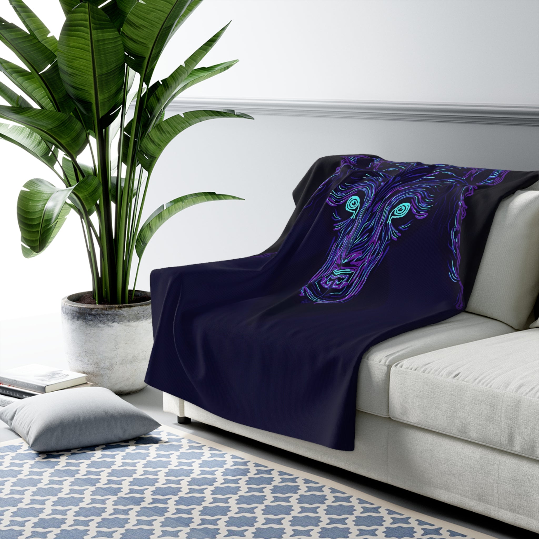 Neon Bear Sherpa Throw Blanket - Glowing Bear Portrait, Cozy Fleece Bedroom Dorm Game Room Gift