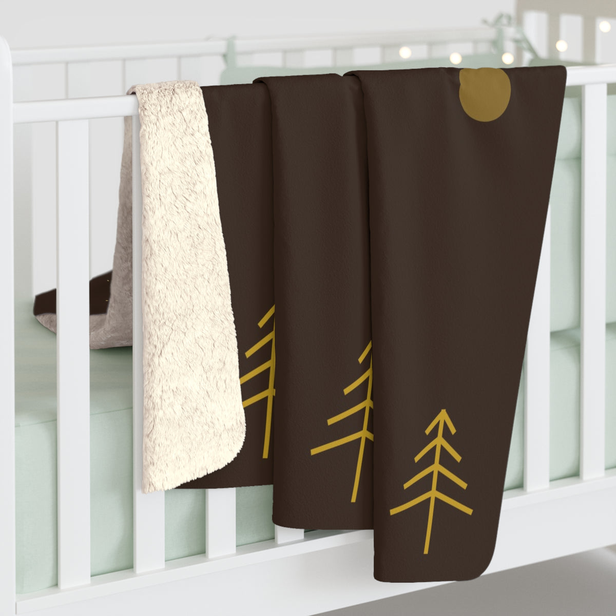 Moon Phases and Pines Sherpa Throw Blanket - Gold Line Art on Chocolate Brown
