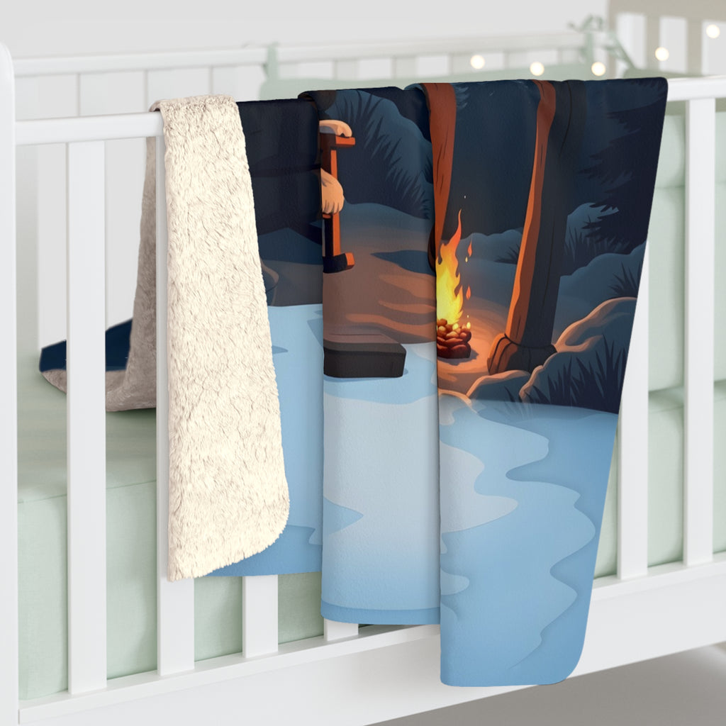 Campfire Dog Cabin Porch Sherpa Throw Blanket - Sleeping Dog Under a Starry Night Sky, Dog Lover Gift, Cabin Decor