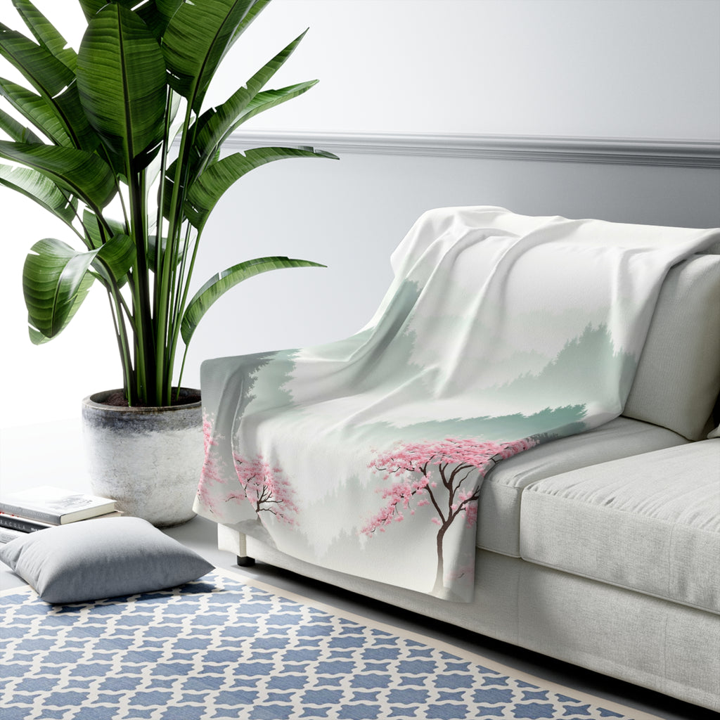 Cherry Blossom Misty Landscape Sherpa Throw Blanket - Zen Asian-Inspired Decor, Cozy Fleece Gift