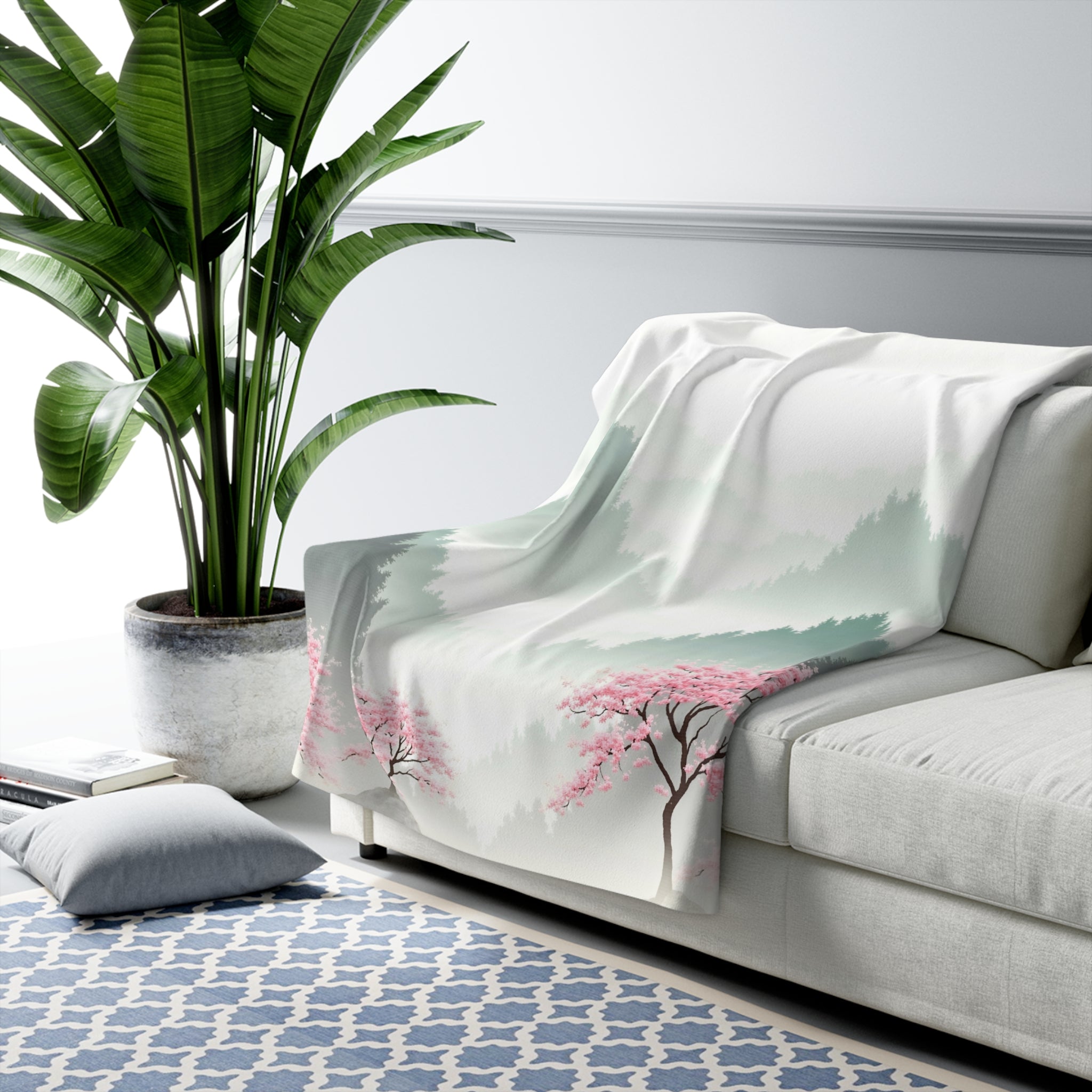 Cherry Blossom Misty Landscape Sherpa Throw Blanket - Zen Asian-Inspired Decor, Cozy Fleece Gift