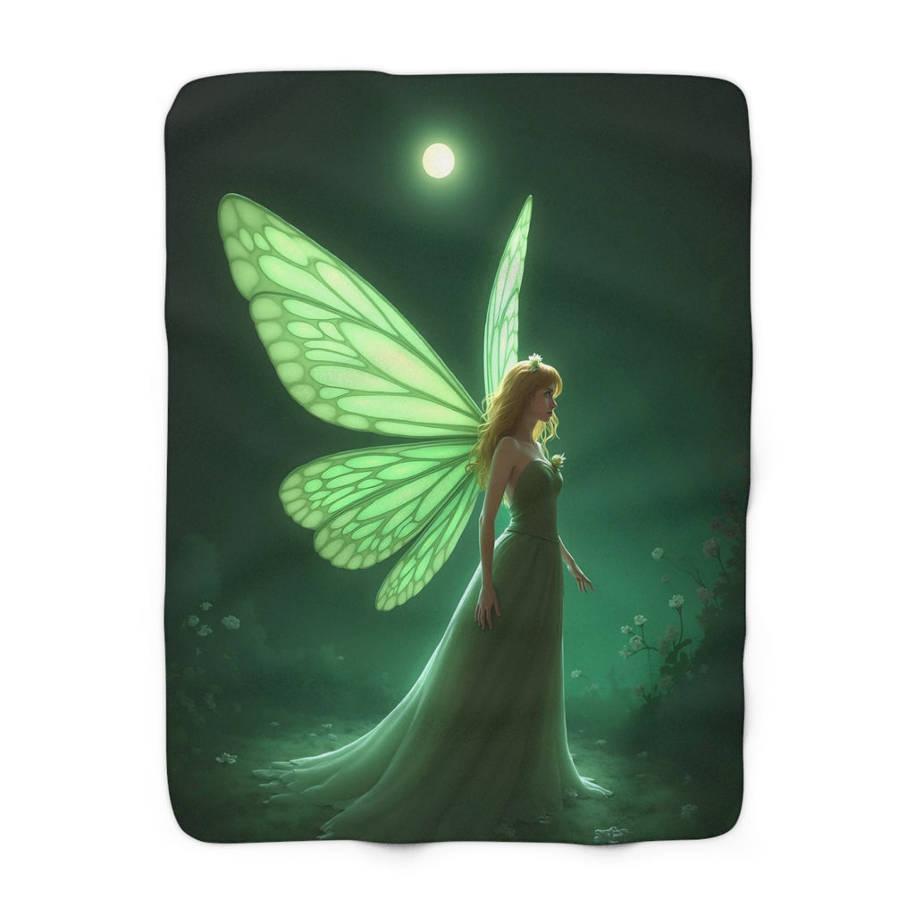 Luna Moth Fairy Sherpa Throw Blanket - Glowing Green Wings in a Moonlit Garden, Fantasy Fairycore Decor Gift