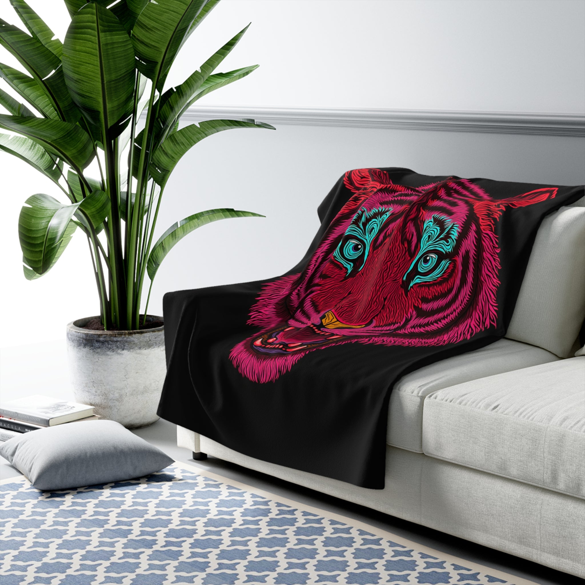 Neon Tiger Sherpa Throw Blanket - Glowing Tiger Portrait, Cozy Fleece Bedroom Dorm Game Room Gift