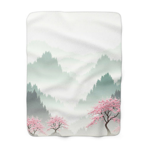 Cherry Blossom Misty Landscape Sherpa Throw Blanket from Kindling & Hammer
