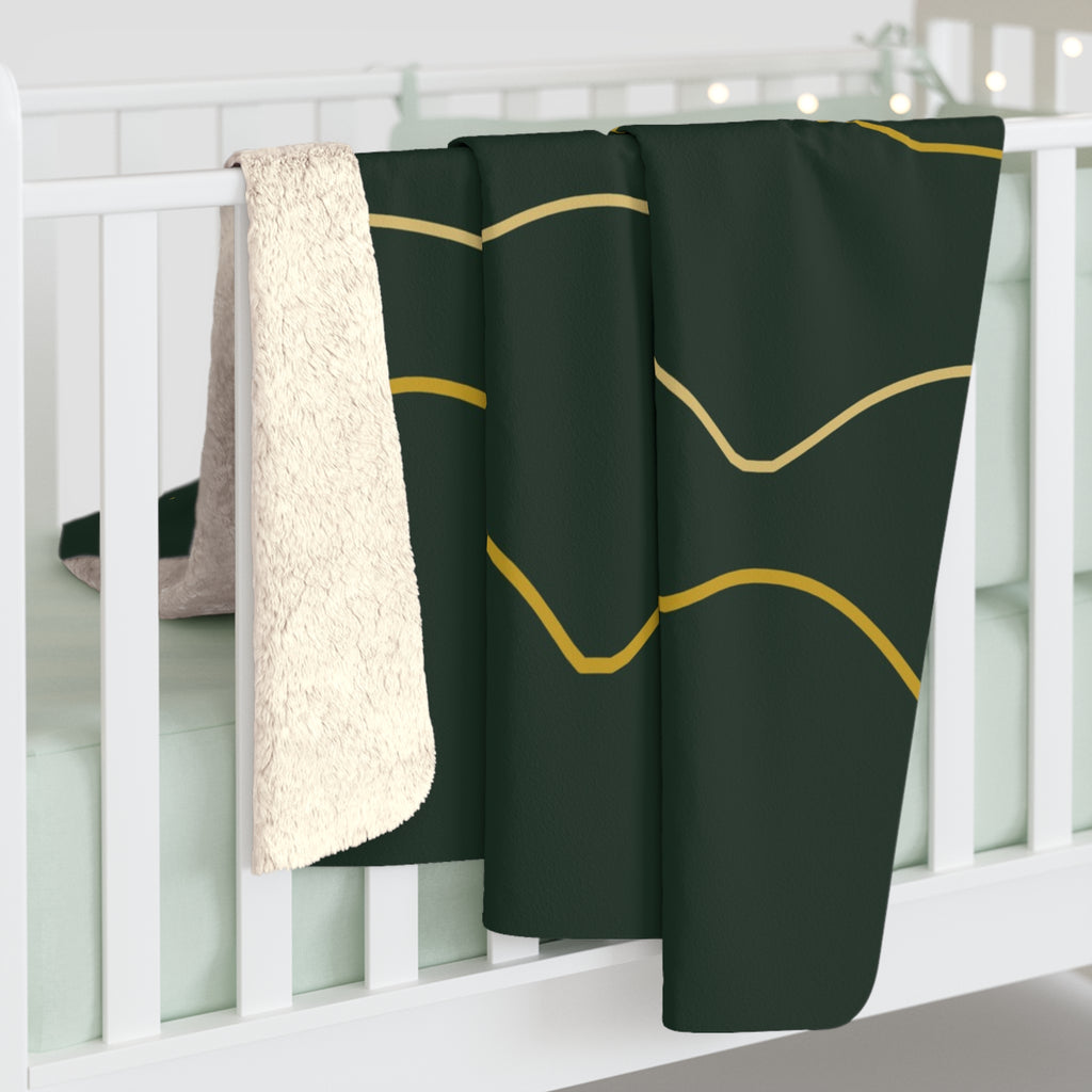 Golden Ridgeline Sherpa Throw Blanket - Moonlit Mountain Line Art on Deep Pine Green