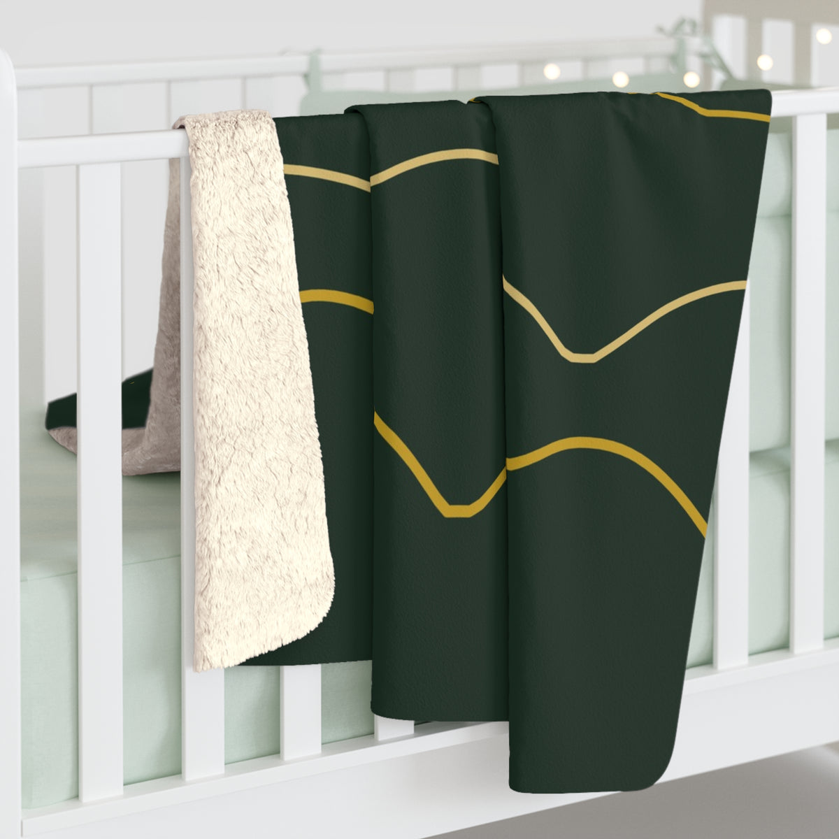 Golden Ridgeline Sherpa Throw Blanket - Moonlit Mountain Line Art on Deep Pine Green