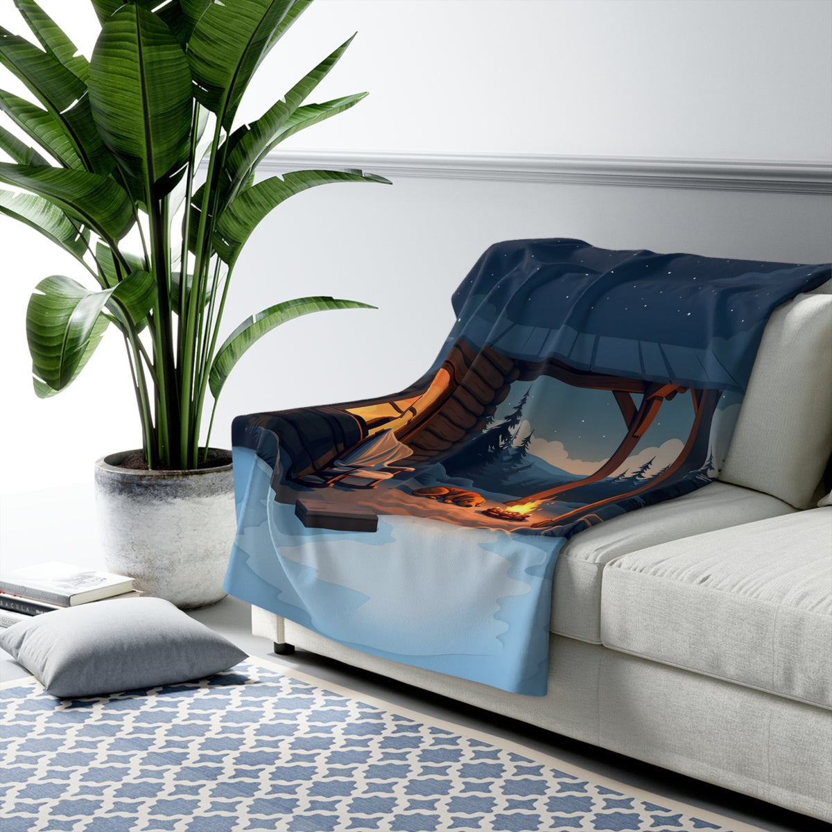 Campfire Dog Cabin Porch Sherpa Throw Blanket - Sleeping Dog Under a Starry Night Sky, Dog Lover Gift, Cabin Decor