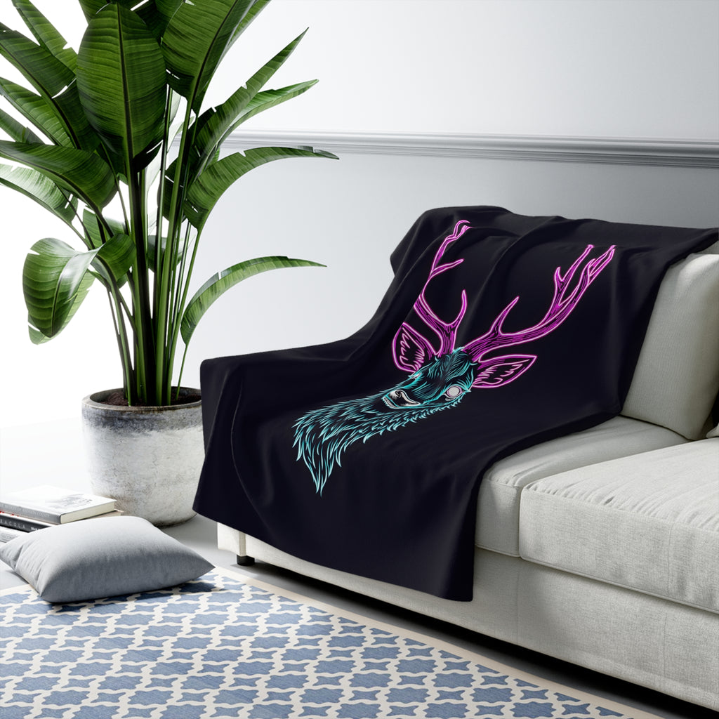 Neon Stag Sherpa Throw Blanket - Glowing Stag Portrait, Cozy Fleece Bedroom Dorm Game Room Gift