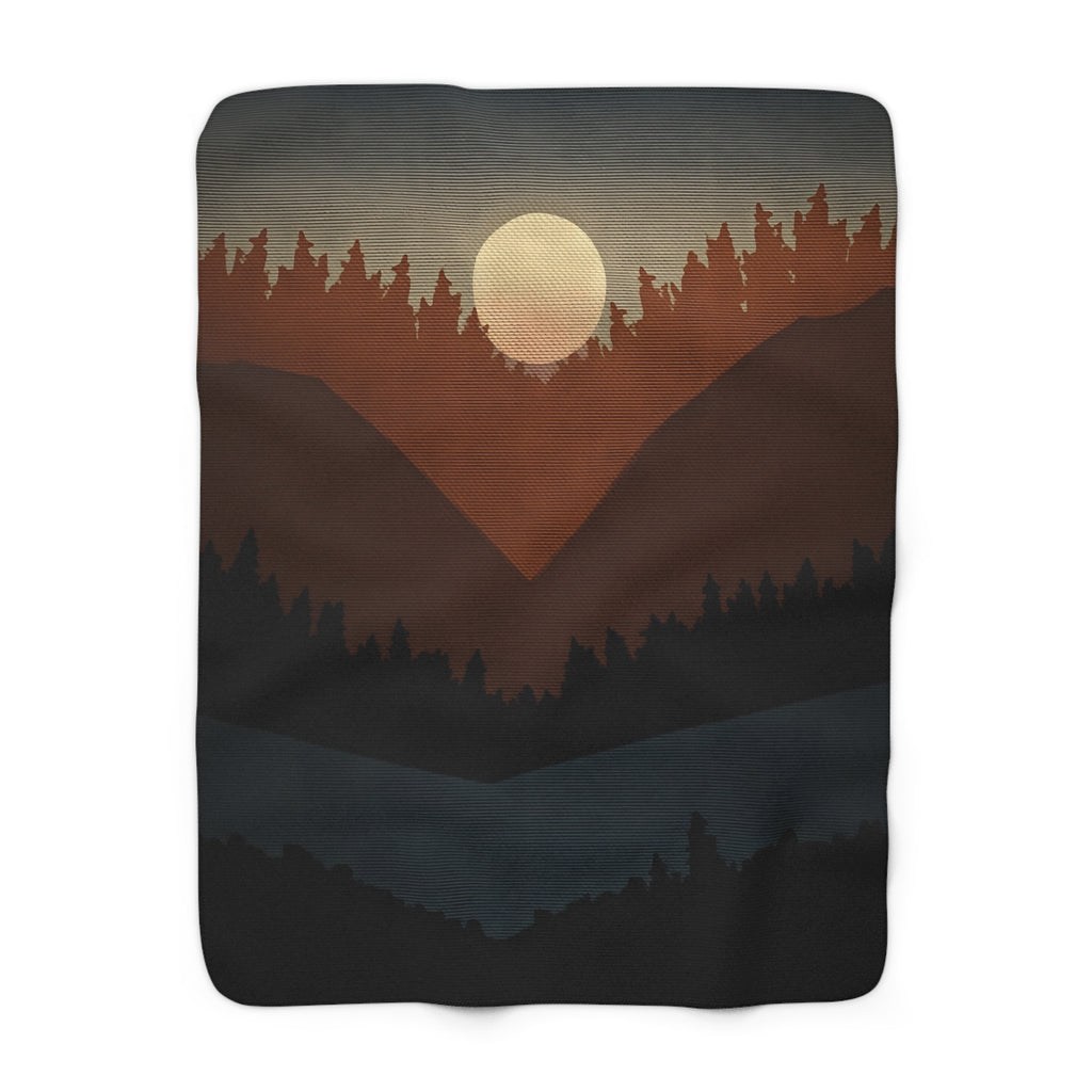 Pine Ridge Lodge Sherpa Throw Blanket - Layered Forest Silhouettes with Rising Moon