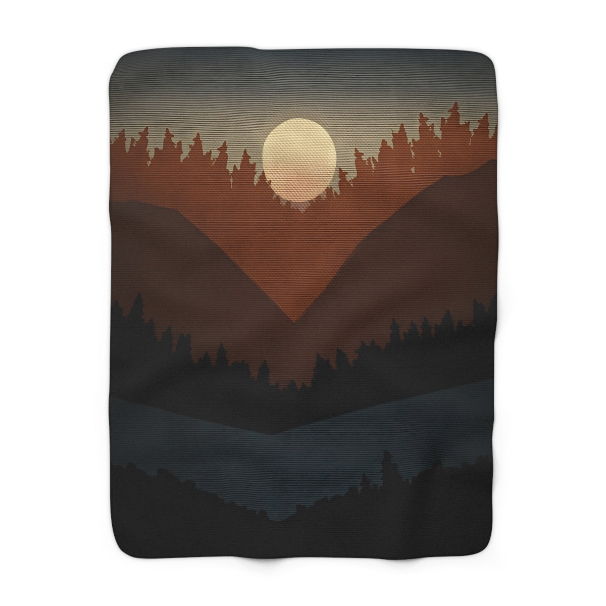 Pine Ridge Lodge Sherpa Throw Blanket - Layered Forest Silhouettes with Rising Moon