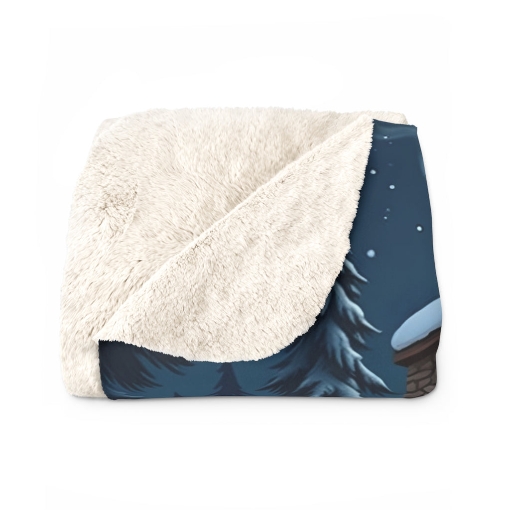 Cozy Winter Cabin Sherpa Throw Blanket - Snowy Log Cabin with Warm Glowing Windows