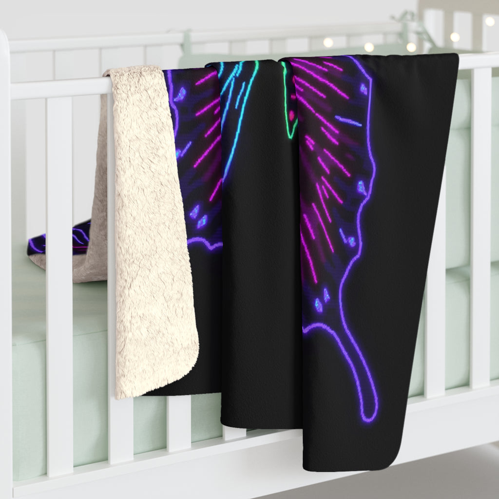 Neon Butterfly Sherpa Throw Blanket - Glowing Butterfly Portrait, Cozy Fleece Bedroom Dorm Game Room Gift