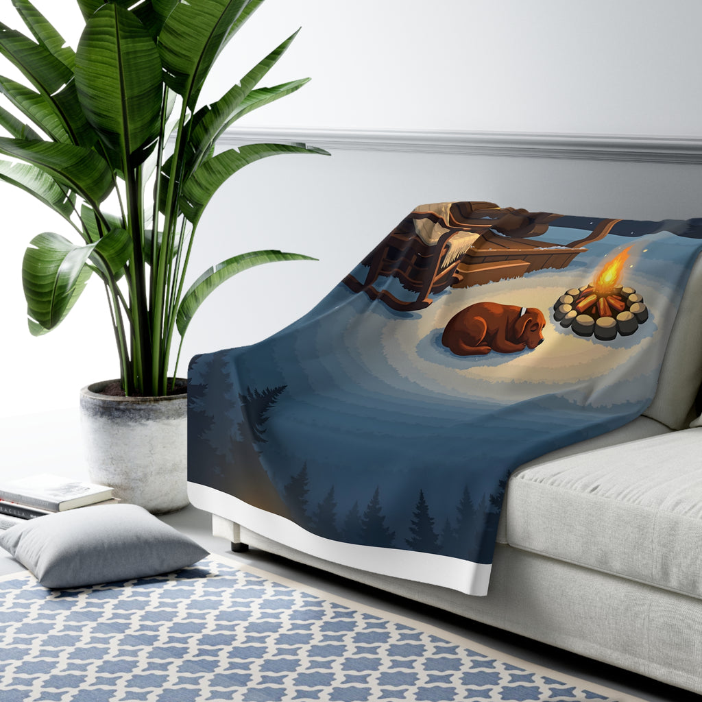 Sleeping Dog by the Campfire Sherpa Throw Blanket - Cozy Cabin Porch at Night, Dog Lover Gift, Winter Cabin Decor