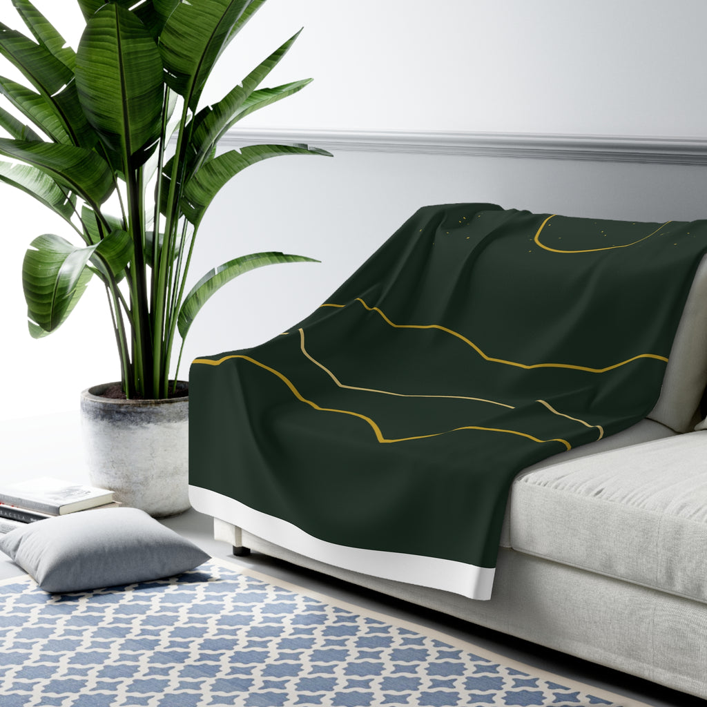 Golden Ridgeline Sherpa Throw Blanket - Moonlit Mountain Line Art on Deep Pine Green