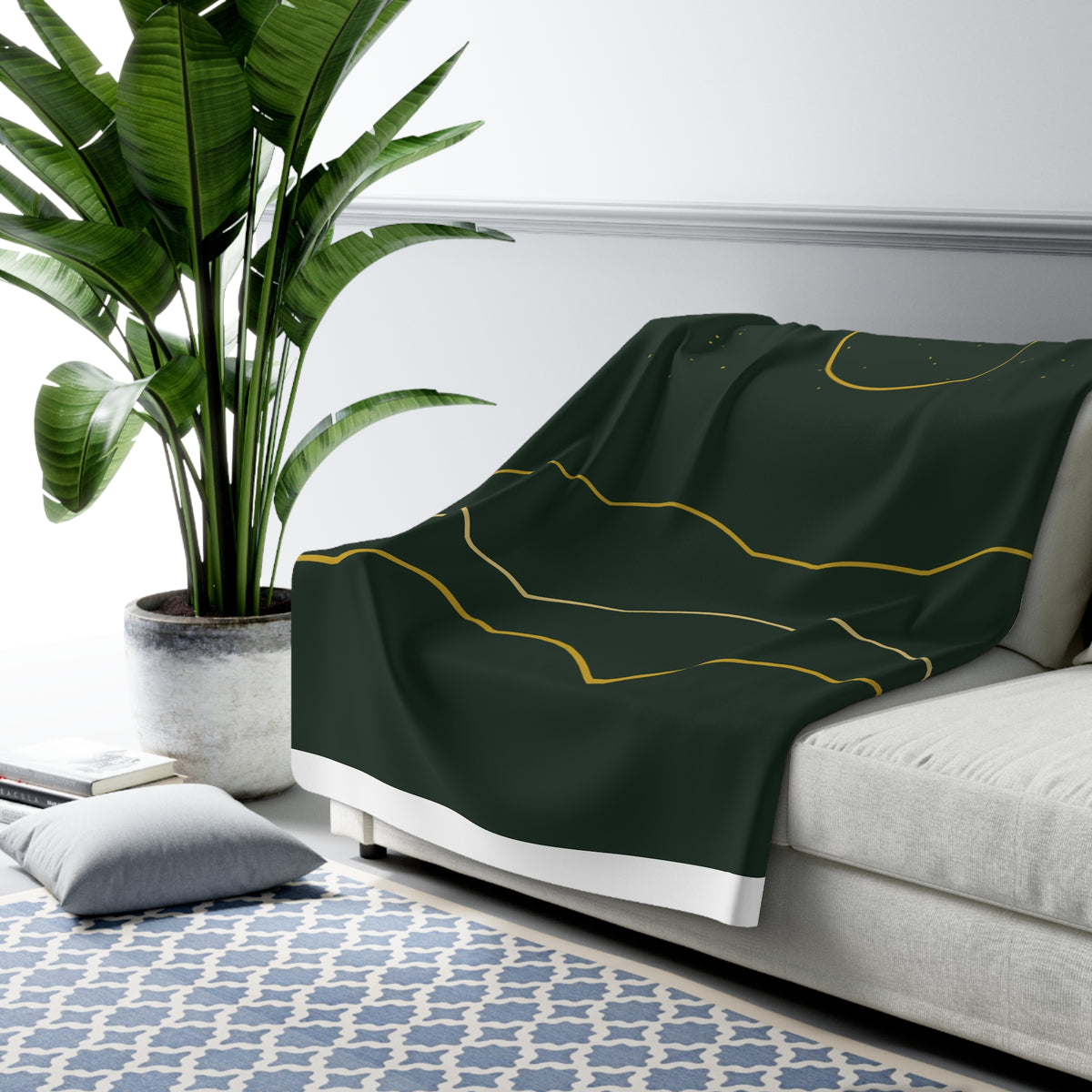 Golden Ridgeline Sherpa Throw Blanket - Moonlit Mountain Line Art on Deep Pine Green