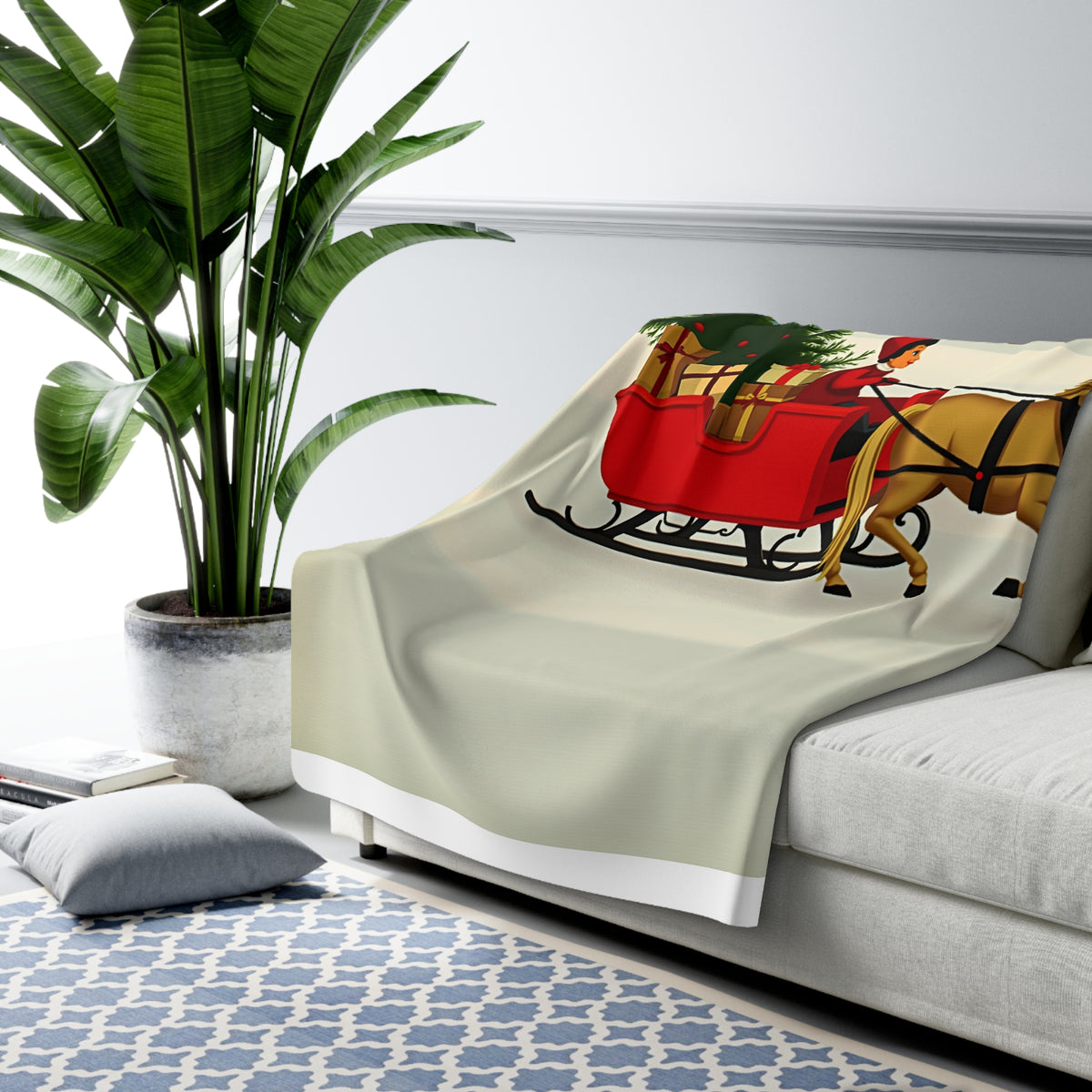 Vintage Christmas Sleigh Sherpa Throw Blanket - Retro Red Sleigh in the Snow