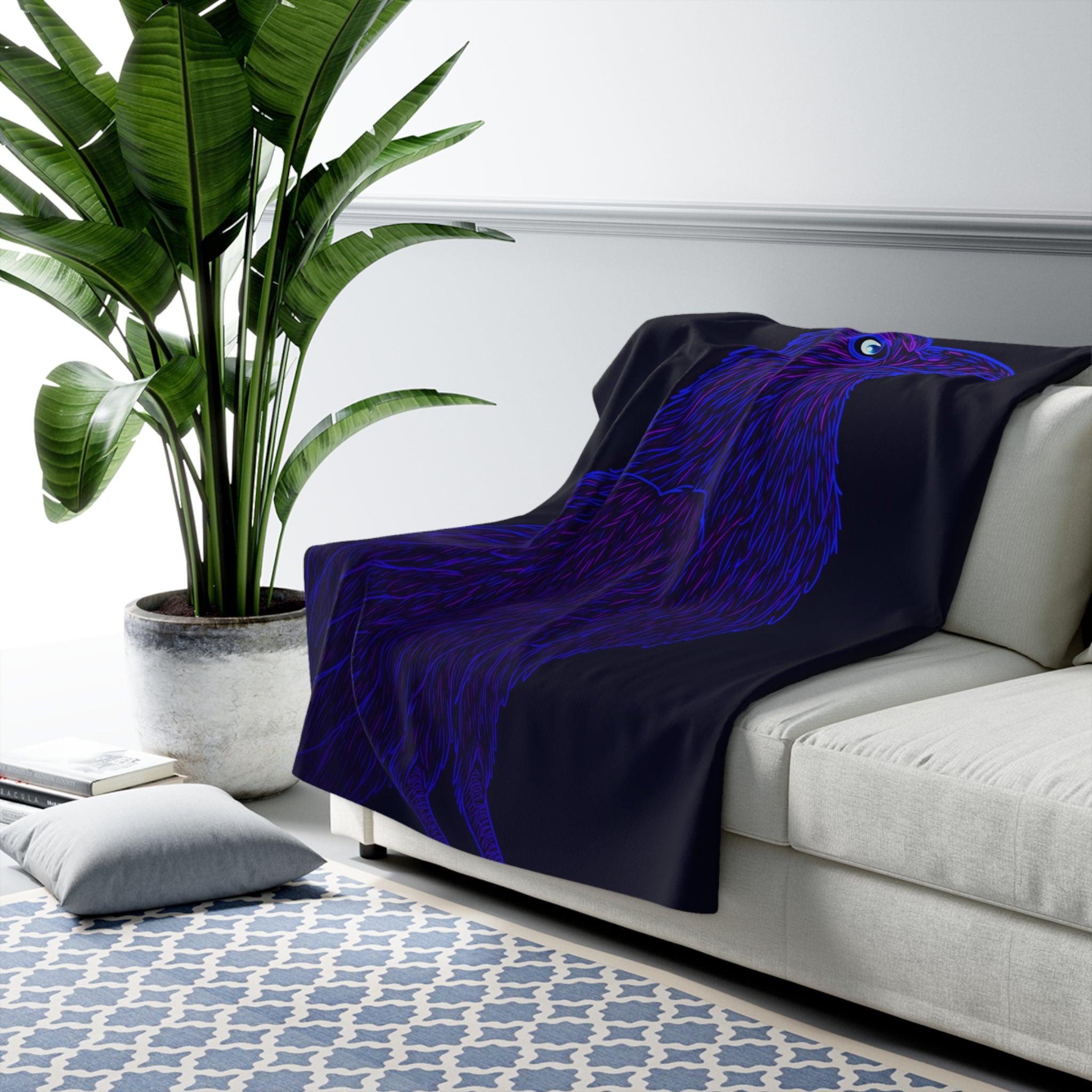 Neon Raven Sherpa Throw Blanket - Glowing Raven Portrait, Cozy Fleece Bedroom Dorm Game Room Gift