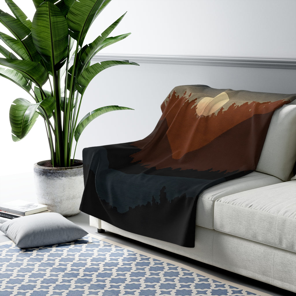 Pine Ridge Lodge Sherpa Throw Blanket - Layered Forest Silhouettes with Rising Moon