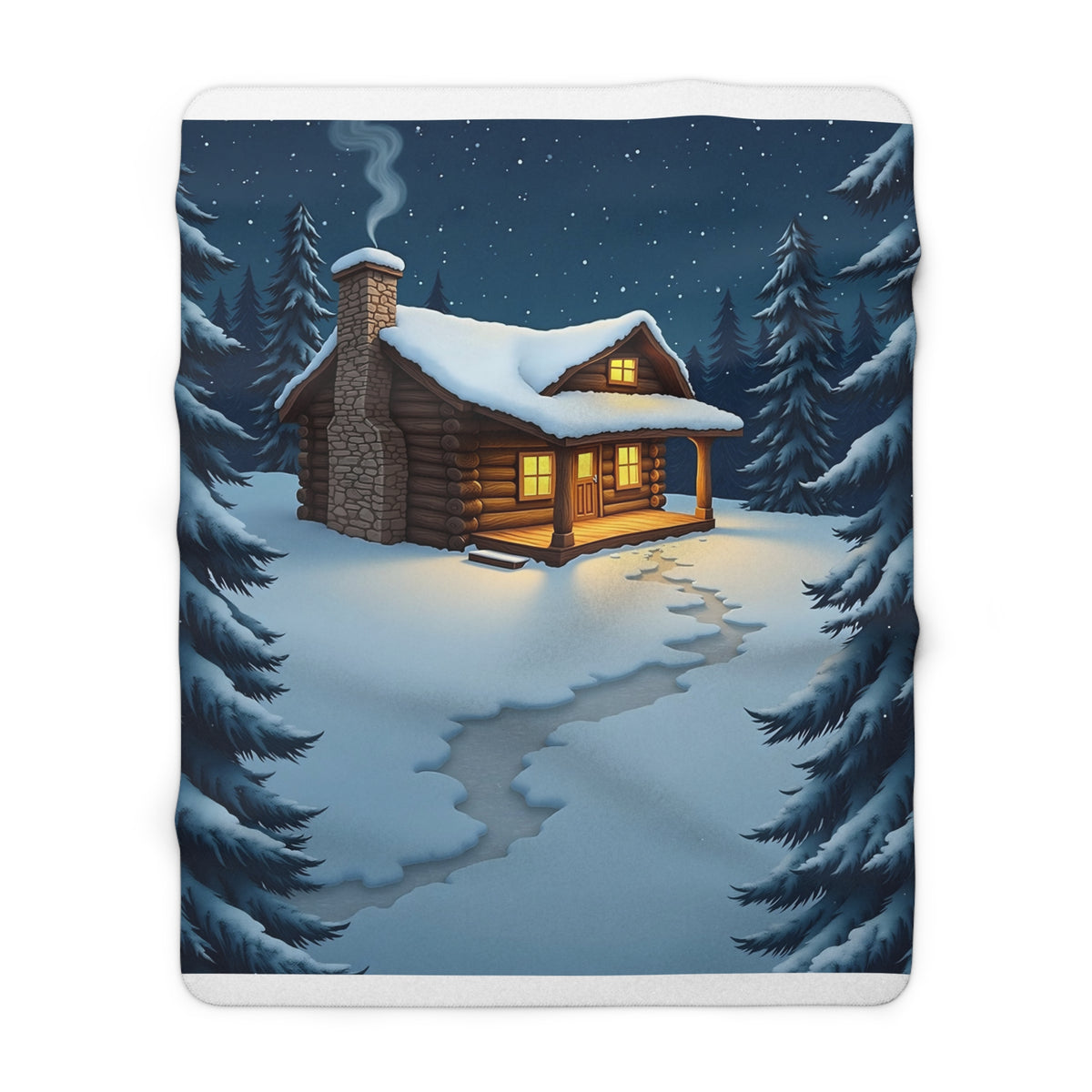 Cozy Winter Cabin Sherpa Throw Blanket - Snowy Log Cabin with Warm Glowing Windows