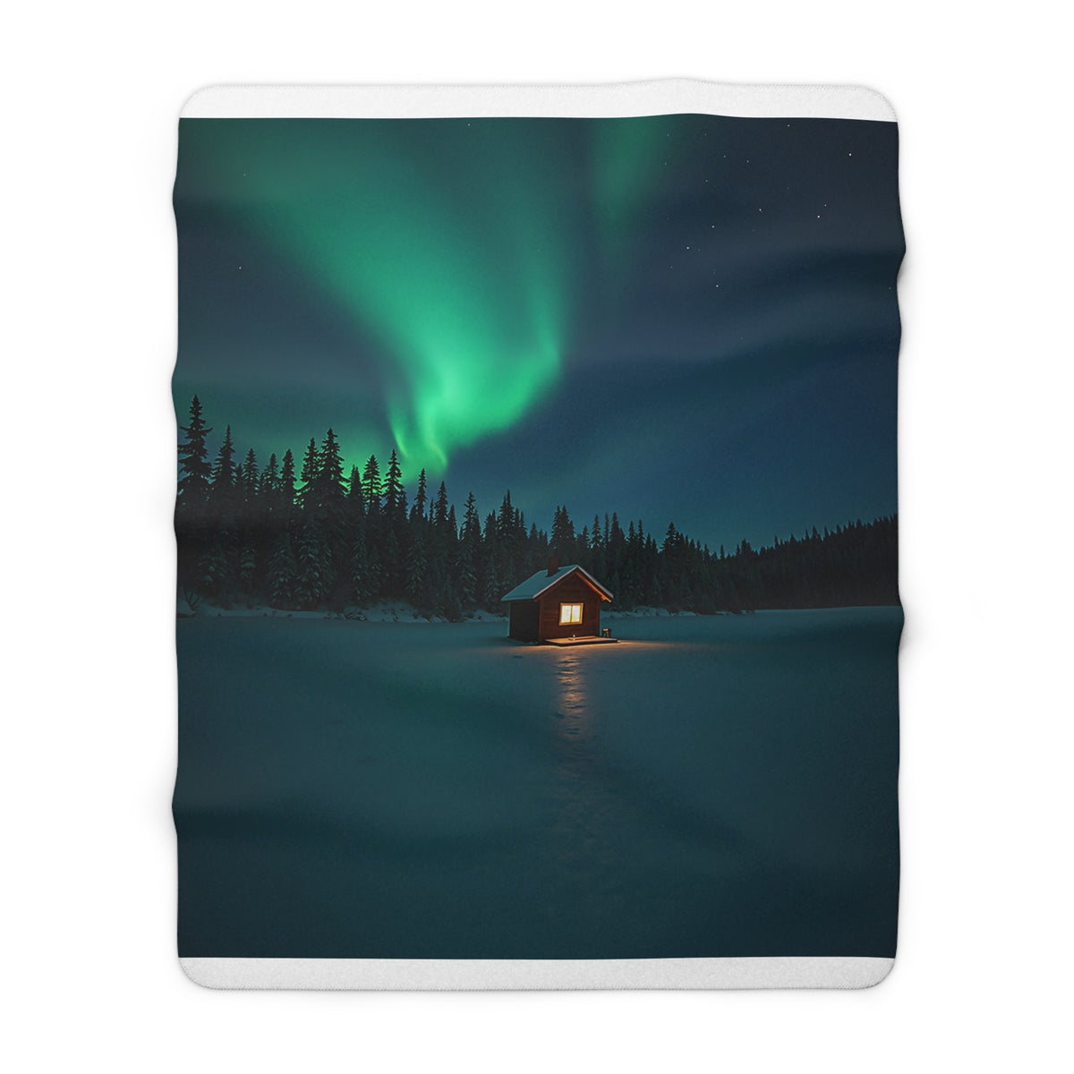 Northern Lights Cabin Sherpa Throw Blanket - Aurora Over a Frozen Lake Cabin