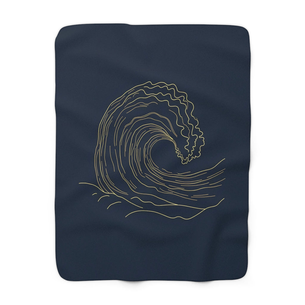 Gold Wave Line Art Sherpa Throw Blanket - Minimalist Ocean Wave on Navy, Coastal Modern Decor Gift