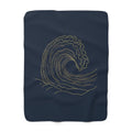 Gold Wave Line Art Sherpa Throw Blanket - Minimalist Ocean Wave on Navy, Coastal Modern Decor Gift
