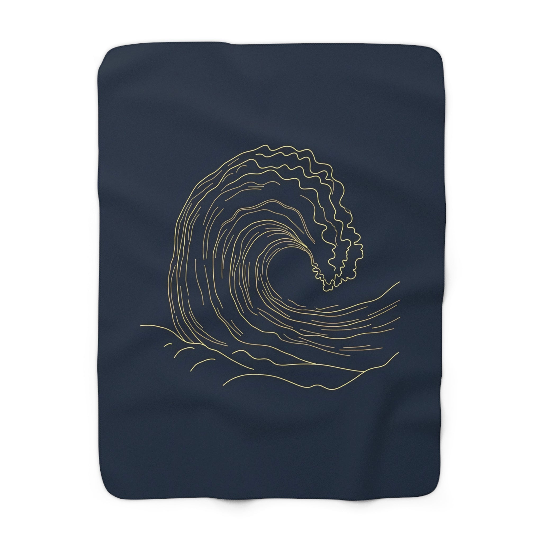 Gold Wave Line Art Sherpa Throw Blanket - Minimalist Ocean Wave on Navy, Coastal Modern Decor Gift