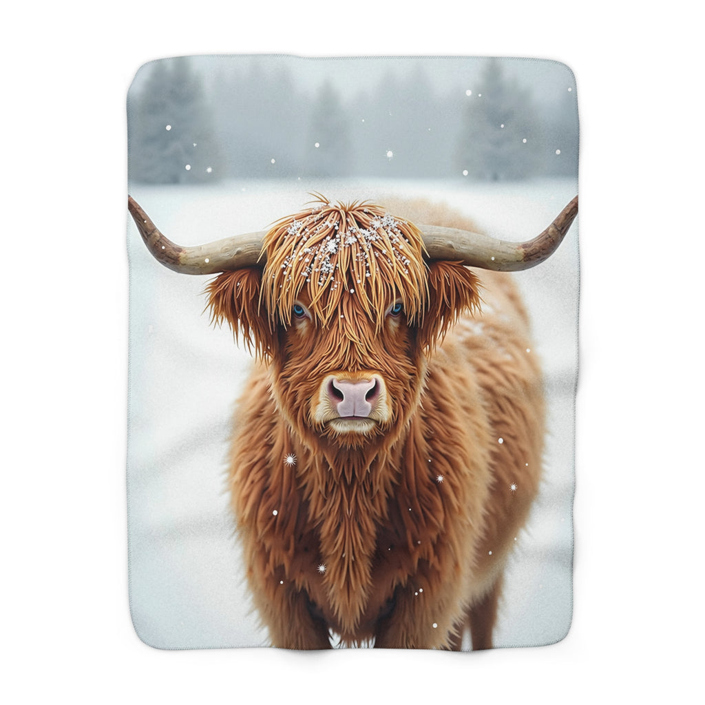 Highland Cow Winter Sherpa Throw Blanket - Shaggy Cow in Falling Snow