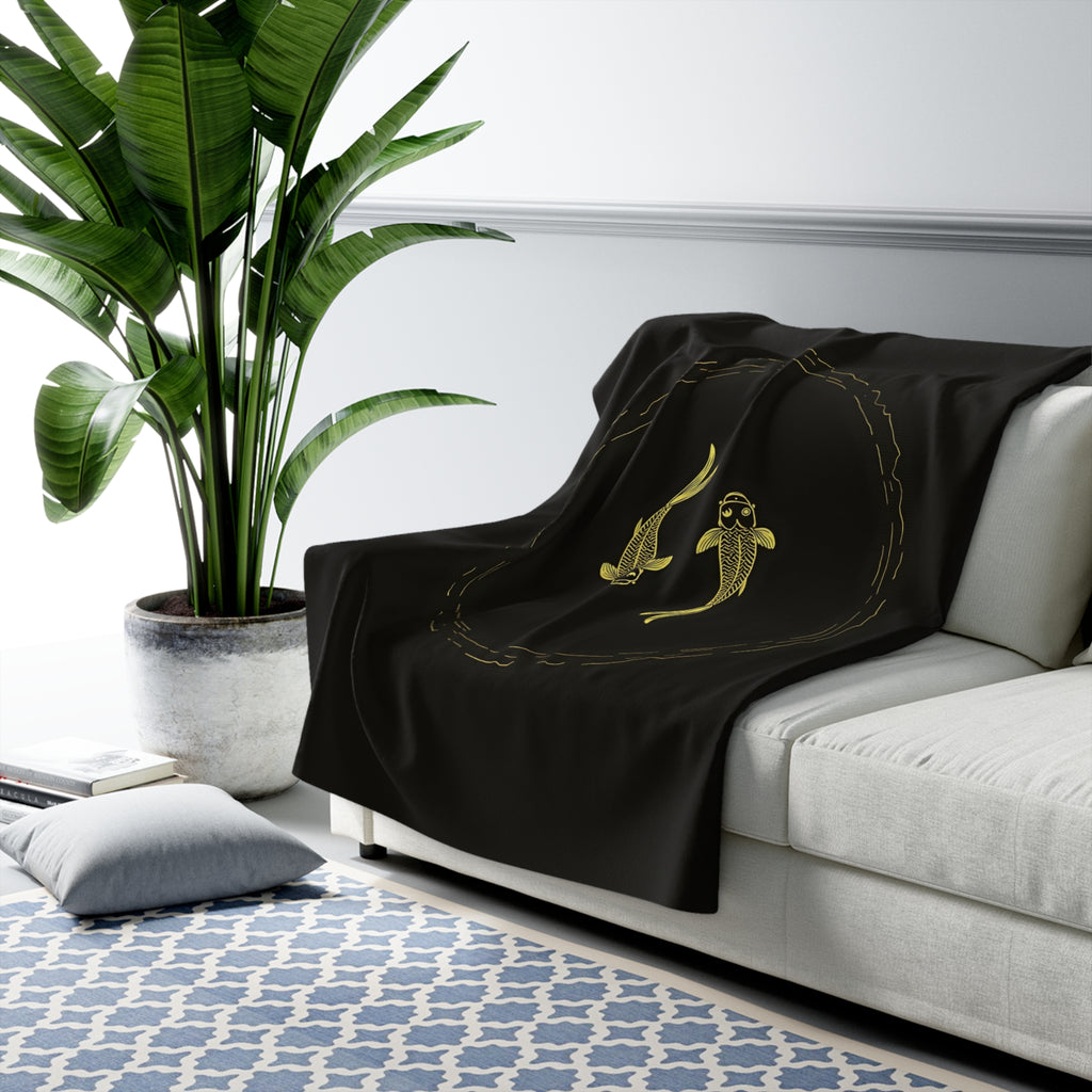 Gold Koi Fish Line Art Sherpa Throw Blanket - Minimalist Boho Decor, Cozy Fleece Gift