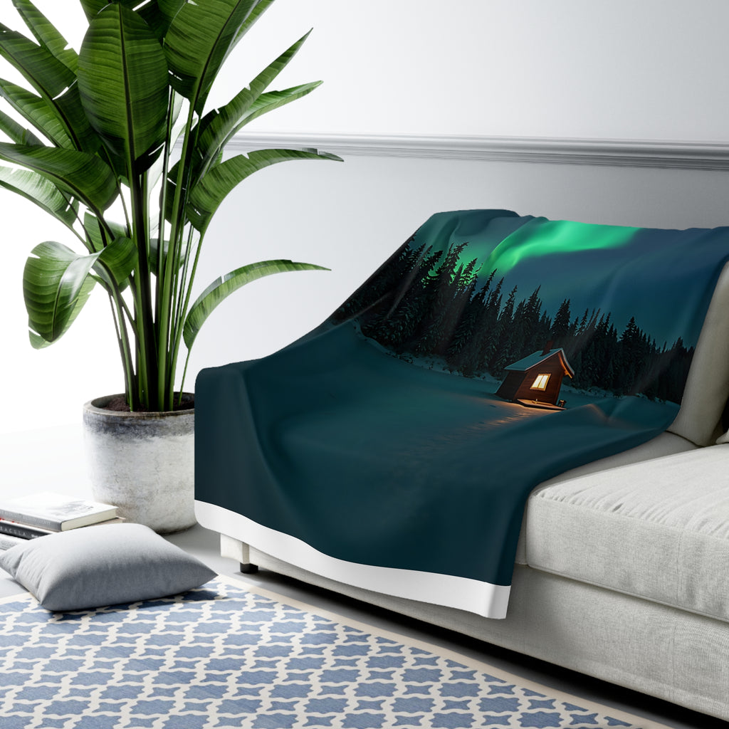 Northern Lights Cabin Sherpa Throw Blanket - Aurora Over a Frozen Lake Cabin