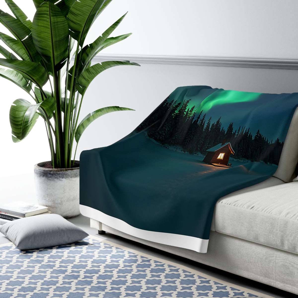 Northern Lights Cabin Sherpa Throw Blanket - Aurora Over a Frozen Lake Cabin