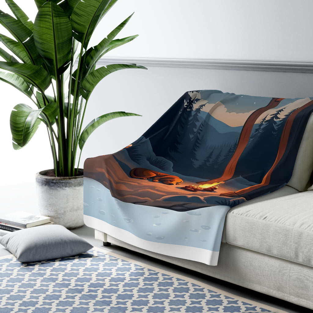 Sleeping Dog by the Fire Sherpa Throw Blanket - Cozy Cabin Porch Close-Up, Dog Lover Gift, Winter Cabin Throw