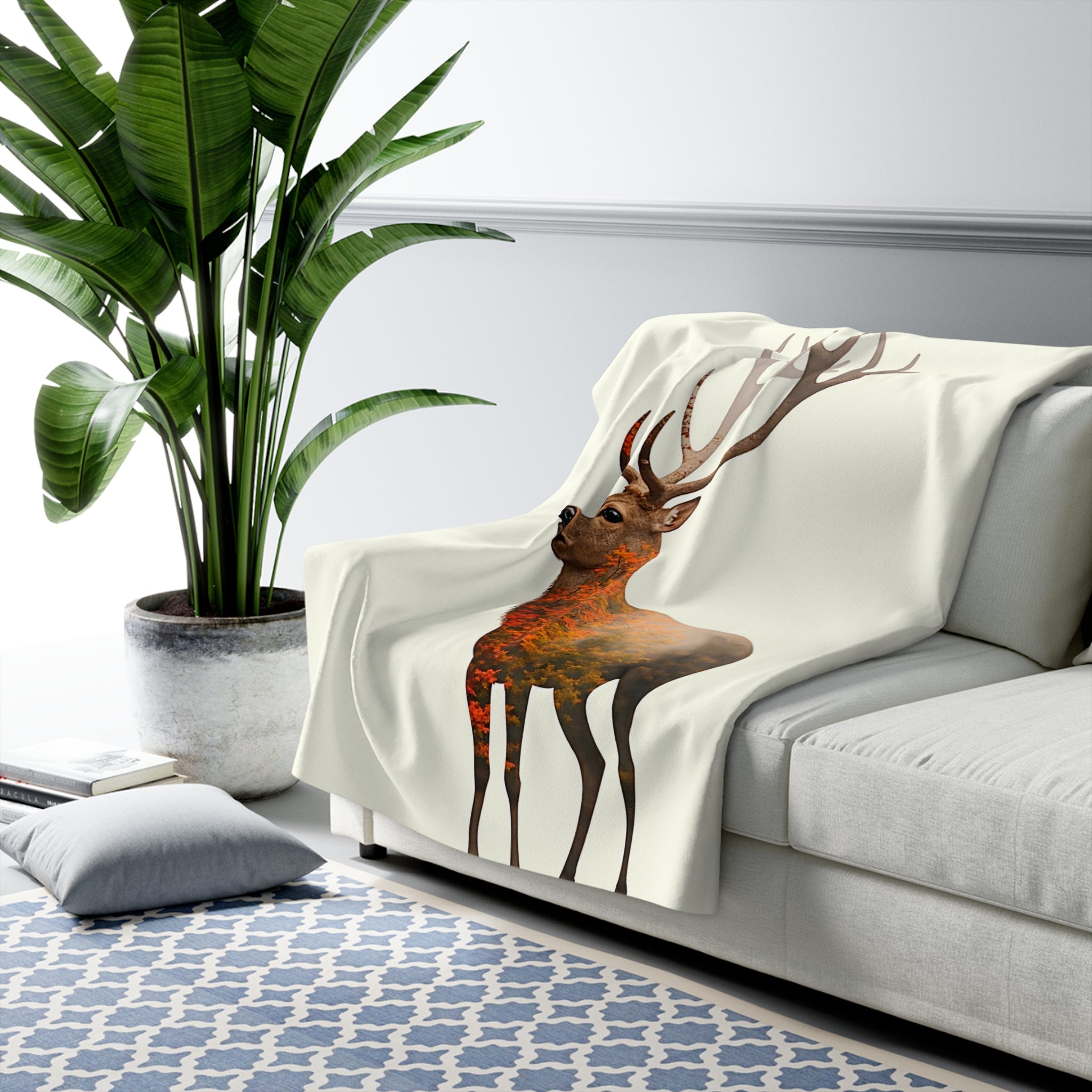 Stag Deer Double Exposure Sherpa Throw Blanket - Nature Wildlife Art, Cozy Fleece Cabin Decor Gift