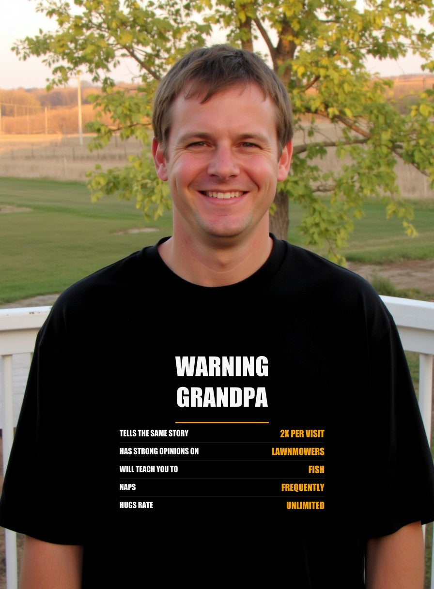 Warning Grandpa Shirt, Naps Frequently Tells Same Story Twice, Funny Grandpa Father's Day Gift — worn lifestyle photo