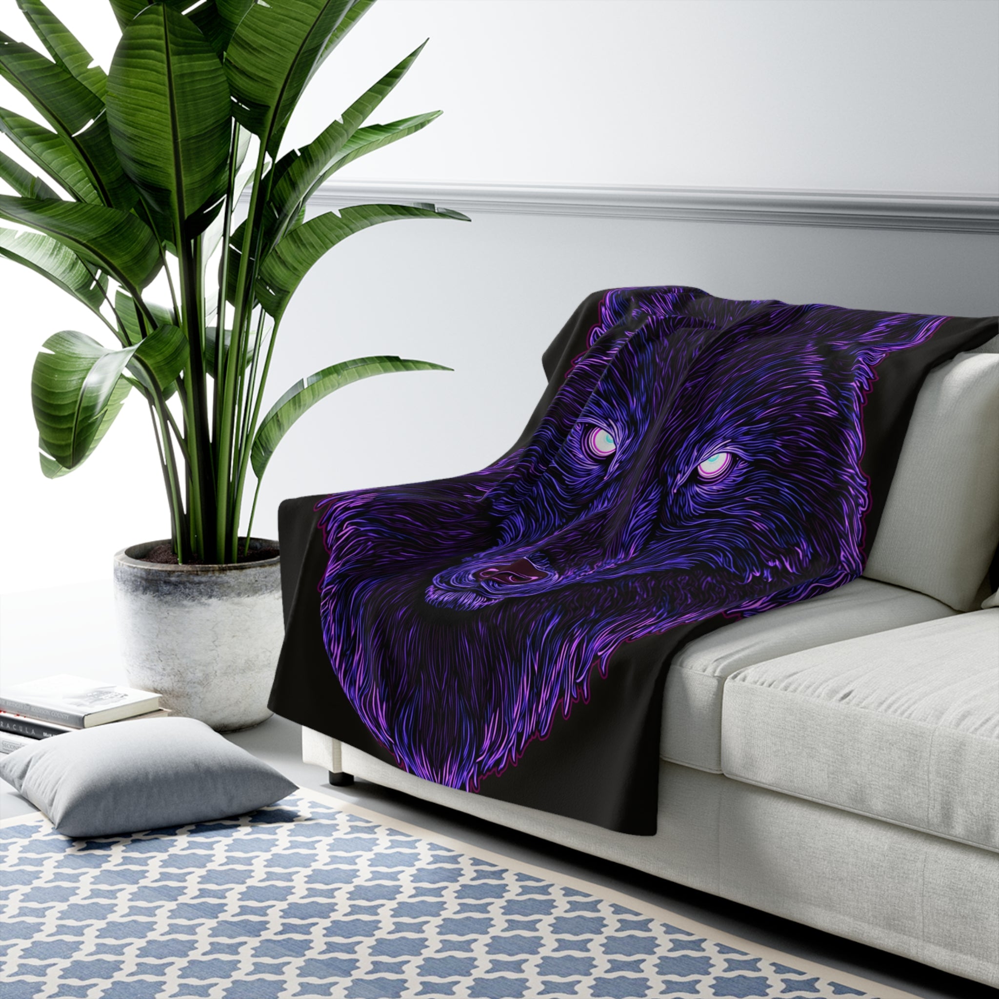 Neon Wolf Sherpa Throw Blanket - Glowing Purple & Violet Wolf Face, Cozy Fleece for Bedroom Dorm or Game Room - Wolf Lover Gift
