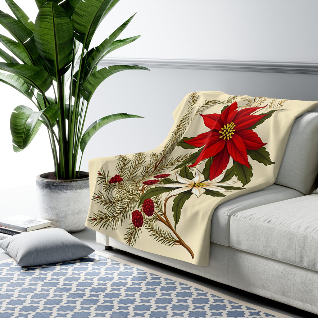 Vintage Poinsettia Sherpa Throw Blanket - Antique Botanical Christmas Floral