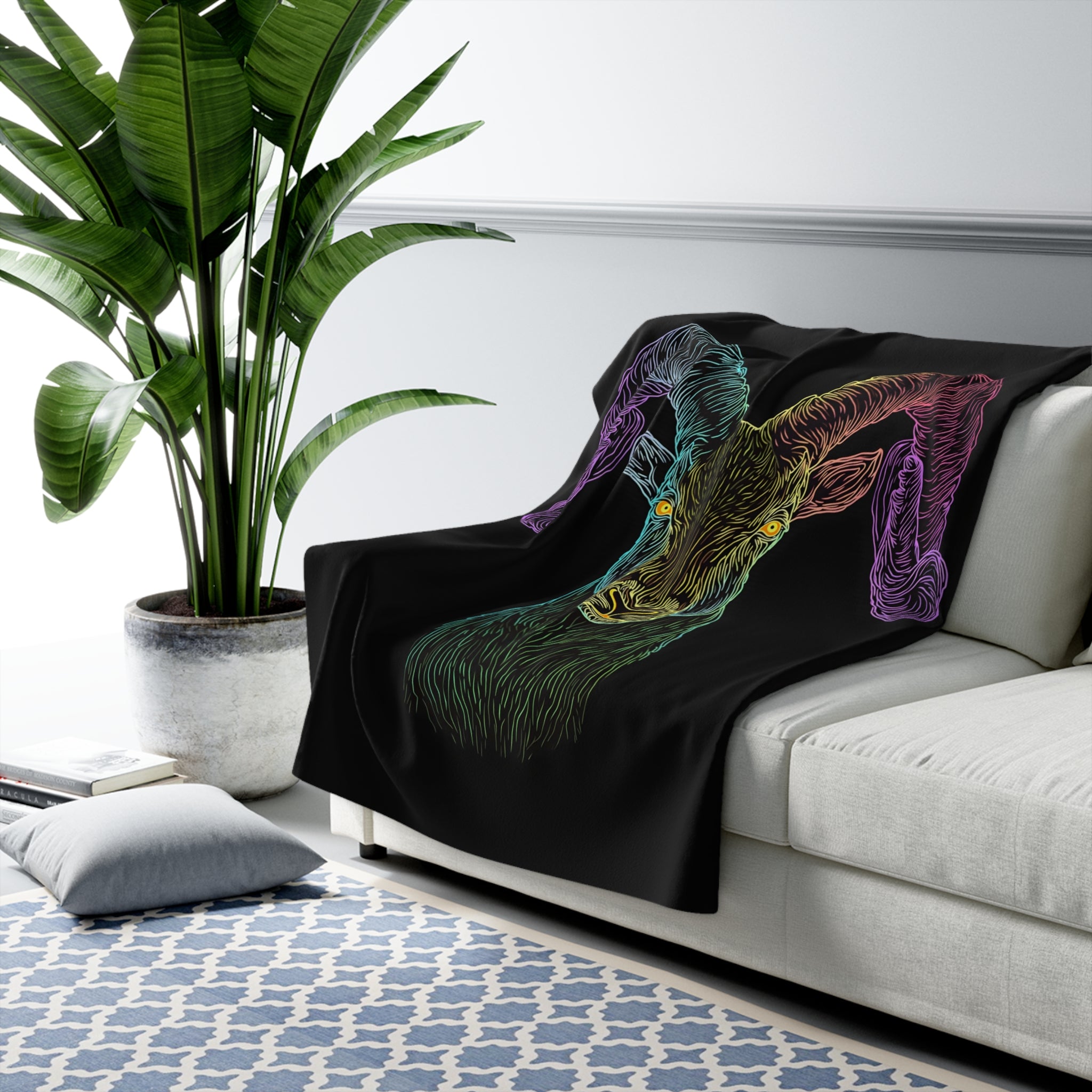 Neon Ram Sherpa Throw Blanket - Glowing Ram Portrait, Cozy Fleece Bedroom Dorm Game Room Gift